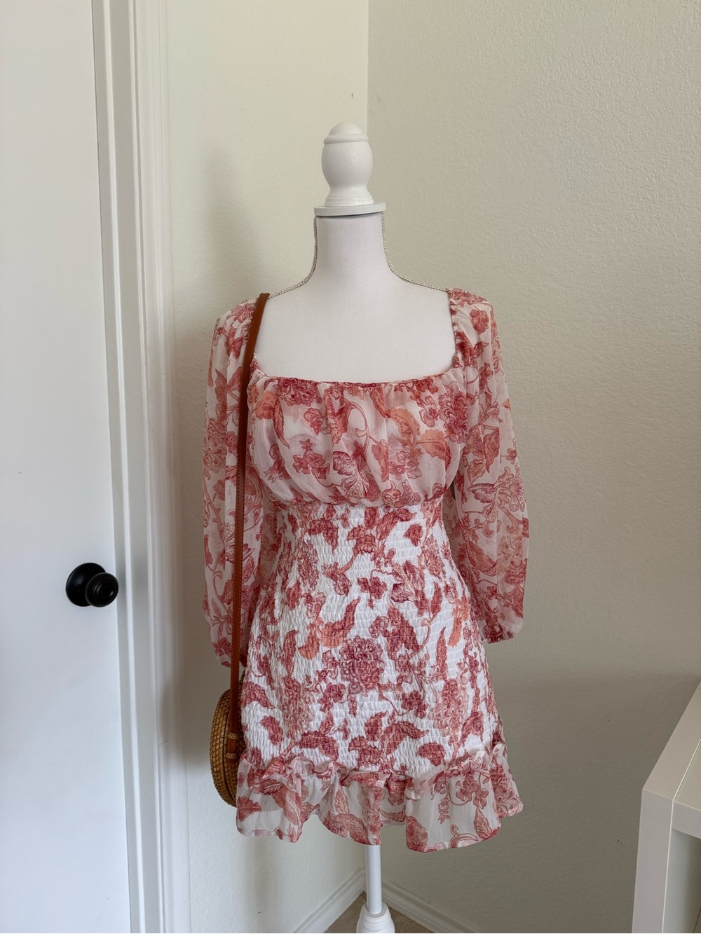 J for Justify White and Red Floral Square-Neck Smocked Mini Dress